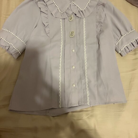 Dear My Love Purple Lavender Pearl Collar Gemstone Ruffle Blouse - Picture 4 of 4